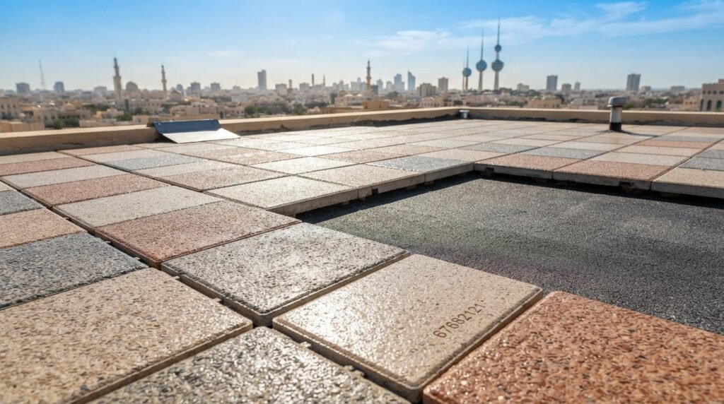 A detailed illustration of a protective tile layer covering a bituminous insulation surface on a flat rooftop in Kuwait. In the foreground, display a close-up of the tiles, showcasing their texture and colors, with some being glossy to reflect sunlight. The middle ground should include the smooth surface of the bituminous insulation beneath the tiles, emphasizing the contrast between the two materials. In the background, depict a clear blue sky typical of the Kuwaiti climate, with warm sunlight casting soft shadows. The mood is professional and technical, capturing a sense of durability and reliability. The angle should be slightly elevated, giving a comprehensive view of the rooftop assembly. Include the brand name “67682121” subtly in the scene, ensuring there are no text overlays or distractions.