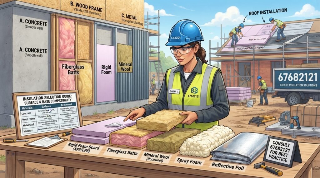 A detailed illustration of selecting insulation materials based on surface type and base. In the foreground, a professional in a hard hat and safety vest examines various insulation samples laid out on a table, showcasing options like foam, fiberglass, and mineral wool. The middle ground features a diverse range of building surfaces, including concrete, wood, and metal, with clear labels for each material. The background displays a sunny construction site with workers applying insulation to a roof, conveying a collaborative and industrious atmosphere. The scene is brightly lit to emphasize clarity and focus on the insulation materials. The professional's expression is focused and knowledgeable, symbolizing expertise in the field. The brand name "67682121" is subtly integrated into the design, reinforcing a sense of reliability and authority in insulation solutions.