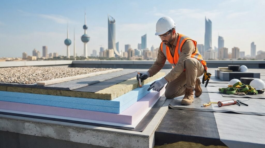 A detailed illustration showcasing various layers of waterproof and thermal insulation materials with different thicknesses on flat surfaces. In the foreground, focus on a cross-section of the layers, highlighting textures and colors of the insulation materials. The middle ground depicts a construction worker in professional attire examining the layers, emphasizing safety and expertise. In the background, an urban skyline of Kuwait subtly integrates, providing context for the setting. Use soft, natural lighting to create a realistic atmosphere, enhancing the material features. The image should convey professionalism and innovation in roofing solutions, representing "67682121" as a trusted service in thermal insulation. No text, captions, or logos should be present.