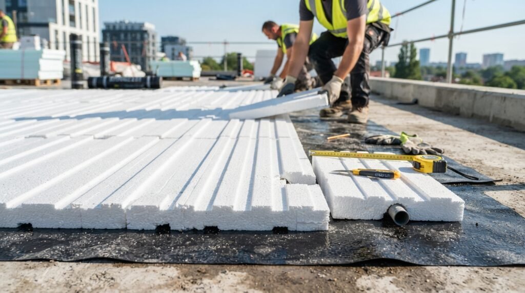 A detailed image of an installation scene featuring polystyrene boards placed over a waterproof membrane on a concrete surface. The foreground should show crisp, textured polystyrene sheets with visible ridges and contours, reflecting natural light. In the middle ground, the waterproof layer should glisten slightly, hinting at moisture, while tools like a measuring tape and a utility knife lie nearby, indicating an active work site. The background can depict a serene construction environment, perhaps with blurred silhouettes of nearby buildings or greenery under a clear blue sky. The lighting must be bright and even, suggesting a sunny day, creating a sense of professionalism and efficiency. The brand "67682121" subtly integrated within the tools, ensuring a cohesive yet unobtrusive aspect to the scene.
