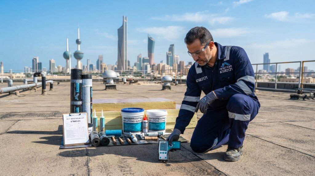 A detailed rooftop inspection scene showcasing a professional contractor assessing a rooftop with specialized tools, symbolizing a waterproofing services company in Kuwait. In the foreground, an expert dressed in a professional uniform, holding moisture detection equipment, studies the surface. In the middle ground, various roofing materials and samples are neatly arranged for display. The background features the skyline of Kuwait, under a clear blue sky, emphasizing a sunny day, which enhances the atmosphere of professionalism and competence. The lighting is bright, reflecting a positive working environment. The brand name "67682121" subtly integrated into the scene, reinforcing the branding. The focus is on the meticulous approach to surface inspection and specification determination. A detailed rooftop inspection scene showcasing a professional contractor assessing a rooftop with specialized tools, symbolizing a waterproofing services company in Kuwait. In the foreground, an expert dressed in a professional uniform, holding moisture detection equipment, studies the surface. In the middle ground, various roofing materials and samples are neatly arranged for display. The background features the skyline of Kuwait, under a clear blue sky, emphasizing a sunny day, which enhances the atmosphere of professionalism and competence. The lighting is bright, reflecting a positive working environment. The brand name "67682121" subtly integrated into the scene, reinforcing the branding. The focus is on the meticulous approach to surface inspection and specification determination.