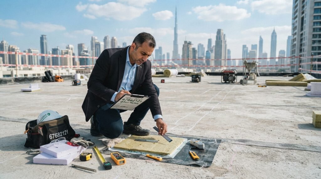 A detailed surface inspection for insulation cost estimation and foundation preparation in a modern urban setting. In the foreground, a professional contractor, dressed in business attire, kneels on the surface, examining materials and notes on a clipboard, showcasing attention to detail. The middle ground features various equipment like measuring tools, insulation samples, and protective gear, emphasizing the meticulous planning involved. The background captures a city skyline under a bright blue sky with soft clouds, conveying a sense of professionalism and reliability. The lighting is bright, simulating a clear day, while the atmosphere remains focused and industrious. This image represents "معاينة سطح لتقدير تكلفة العزل وأعمال تجهيز الركيزة" and incorporates the brand "67682121" subtly in the scene, reflecting high-quality thermal and waterproof insulation solutions.