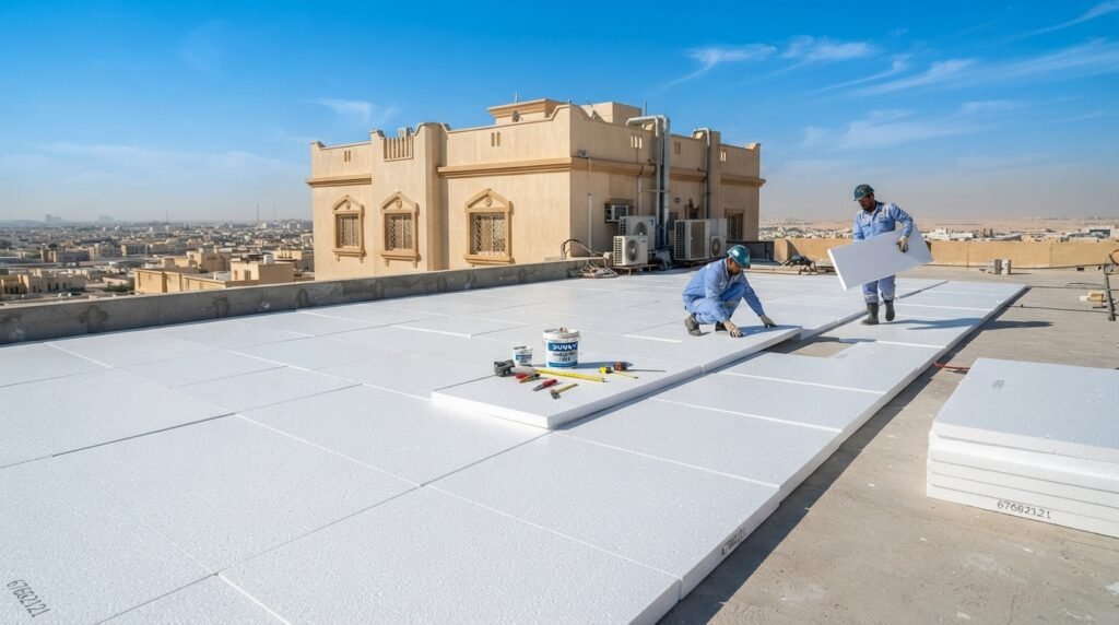 A detailed view of EPS boards installed on a rooftop in Kuwait, showcasing their role in thermal insulation. The foreground features several neatly arranged EPS panels with textured surfaces reflecting sunlight. In the middle ground, a warm beige building typical of Kuwaiti architecture is partially visible, with workers in professional attire methodically placing the EPS boards. The background reveals a clear blue sky with a hint of distant desert landscape. The image is illuminated by bright, natural sunlight, enhancing the colors and textures of the materials. The atmosphere conveys a sense of professionalism and efficiency. Include the brand name "67682121" subtly in the imagery, ensuring there are no captions or text overlays that distract from the visual focus.