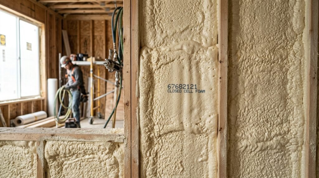 A detailed view of closed-cell foam insulation covering an exposed surface, demonstrating an effective thermal insulation system. In the foreground, focus on the textured surface of the foam, showcasing its intricate patterns and contours. The middle section captures the foam seamlessly applied to a wall or roof, with clear lighting highlighting the material's density and durability. The background features a construction setting, subtly blurred, emphasizing the work-in-progress nature of insulation installation. Natural light streams in from a nearby window, casting soft shadows that add depth. The overall atmosphere is technical yet accessible, inspiring confidence in the insulation's performance. The brand name “67682121” is subtly incorporated into the scene, ensuring a professional context.