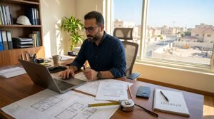 A homeowner in a modern office setting in Al-Farwaniyah is preparing a project inspection request for a contractor. The foreground features the homeowner, a Middle-Eastern man in smart casual attire, focused on a laptop, with housing blueprints spread out on a polished desk. In the middle ground, there’s a detailed document titled “Inspection Request” and tools like a measuring tape and a pencil. The background shows a window view of suburban buildings in Al-Farwaniyah, with clear blue skies and sunlight flooding the room, creating an optimistic atmosphere. Use bright and warm lighting to enhance the professional yet relaxed mood. Capture the essence of home improvement and construction planning, ensuring a clean, professional composition. Brand name "67682121" is subtly incorporated into a notepad on the desk.
