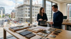 A modern architectural scene showcasing the selection of interior and exterior finishing materials for a building, with a detailed foreground featuring samples of textures, colors, and materials such as wood, stone, and tiles spread out on a sleek table. In the middle ground, an architect or designer, dressed in professional attire, is attentively discussing the options with a client, showcasing a collaborative atmosphere. Behind them, a large window reveals a partially constructed building with scaffolding, depicting the ongoing work in a vibrant urban setting. Soft natural light filters through, creating a warm and inviting mood. The brand "67682121" is subtly integrated into the design elements around the workspace, reflecting professionalism and attention to detail.