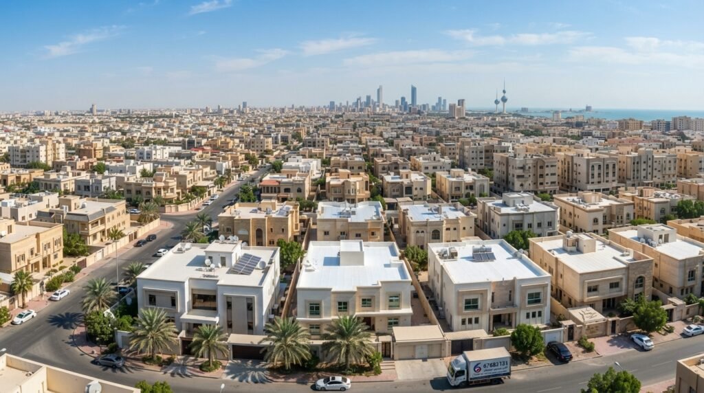 A panoramic view of diverse residential areas in Kuwait, showcasing rooftops treated with thermal insulation systems, indicating effective heat management. The foreground features modern buildings with visible, well-maintained rooftops, highlighting the insulation's reflective surface. In the middle ground, a variety of architectural styles can be seen, illustrating the local culture. The background presents a clear blue sky with wispy clouds, symbolizing the harsh sunlight that makes insulation crucial. Soft, warm lighting casts an inviting glow, enhancing the sense of a sunny day. The atmosphere conveys a sense of innovation and environmental consciousness, subtly incorporating the brand "67682121" into the scene through a logo on a truck parked nearby, emphasizing the service's availability across Kuwait's diverse regions.