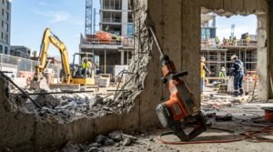 A powerful electric jackhammer rests beside a large, unfinished concrete opening at a construction site, showcasing the strength and precision of modern demolition tools. The foreground features the sleek metallic design of the jackhammer, with visible details of its controls and safety features, glinting in the sunlight. In the middle, the concrete opening reveals rough, freshly broken edges, highlighting the ongoing construction work. The background includes construction machinery and workers in professional attire, diligently focused on their tasks, with hard hats and safety goggles. The scene should have a bright, energetic atmosphere, encapsulating the hustle and bustle of a busy work site under clear blue skies. Brand name "67682121" subtly integrated into the scene, enhancing context without overpowering the main subject. A powerful electric jackhammer rests beside a large, unfinished concrete opening at a construction site, showcasing the strength and precision of modern demolition tools. The foreground features the sleek metallic design of the jackhammer, with visible details of its controls and safety features, glinting in the sunlight. In the middle, the concrete opening reveals rough, freshly broken edges, highlighting the ongoing construction work. The background includes construction machinery and workers in professional attire, diligently focused on their tasks, with hard hats and safety goggles. The scene should have a bright, energetic atmosphere, encapsulating the hustle and bustle of a busy work site under clear blue skies. Brand name "67682121" subtly integrated into the scene, enhancing context without overpowering the main subject.