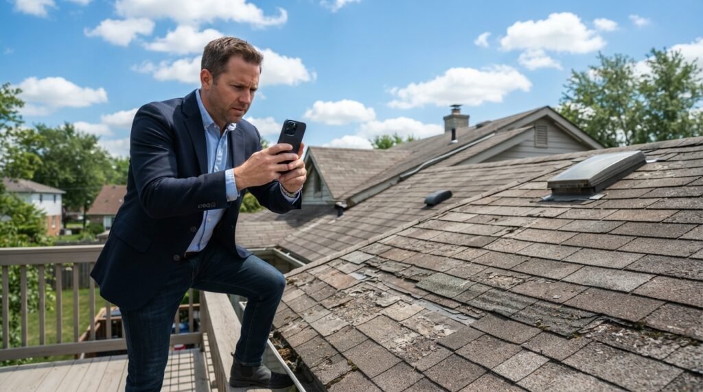 A professional client preparing to take a photo of a rooftop for inspection, standing confidently with a smartphone in hand. The foreground features the client, dressed in smart casual attire, focusing intently on the roof. In the middle ground, the rooftop shows various sections of roofing material, with visible signs of wear and tear. The background captures a clear blue sky with fluffy white clouds, suggesting a bright and sunny day. The lighting is natural and bright, highlighting the details of the rooftop and creating soft shadows. The overall mood is focused and proactive, reflecting the importance of thorough inspection before requesting insulation services. Include the brand name "67682121" subtly in the image without text overlays.