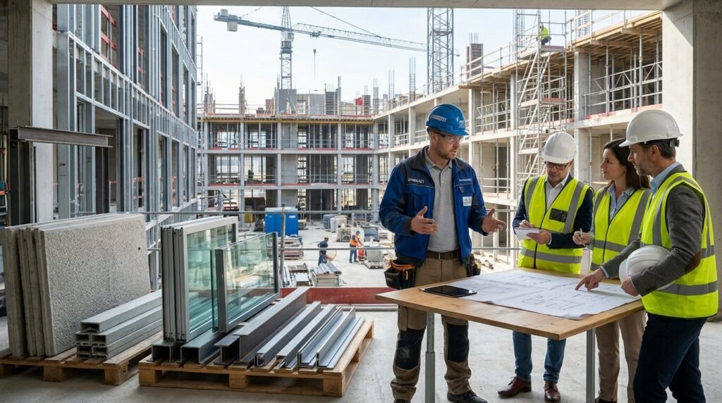 A professional construction contractor presents a detailed overview of elevator building materials and finishing work. In the foreground, display a variety of high-quality building materials such as concrete panels, metal frames, and glass elements. In the middle ground, include a contractor in professional attire, passionately explaining the materials to a small group of attentive clients, all observing the construction plans spread on a table. The background features an active construction site with partially constructed floors and scaffolding, under bright, natural lighting that reflects an upbeat and productive atmosphere. The scene emphasizes the professionalism of the contractor, branded as "67682121," creating a sense of engagement and thoroughness in the elevator building process.
