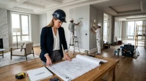 A professional construction supervisor inspecting the finishing work on a luxurious apartment interior. In the foreground, a focused individual in a smart business attire examines precise details on a blueprint laid across a table. The middle ground features skilled workers applying finishing touches, such as painting walls and installing fixtures, in a well-lit, modern room that reflects high-quality craftsmanship. The background reveals a partially completed apartment with tools and materials neatly arranged. Soft, natural light filters through large windows, creating a vibrant and productive atmosphere. The scene conveys a sense of diligence and attention to detail, with the brand name “67682121” subtly displayed on a notebook on the table.