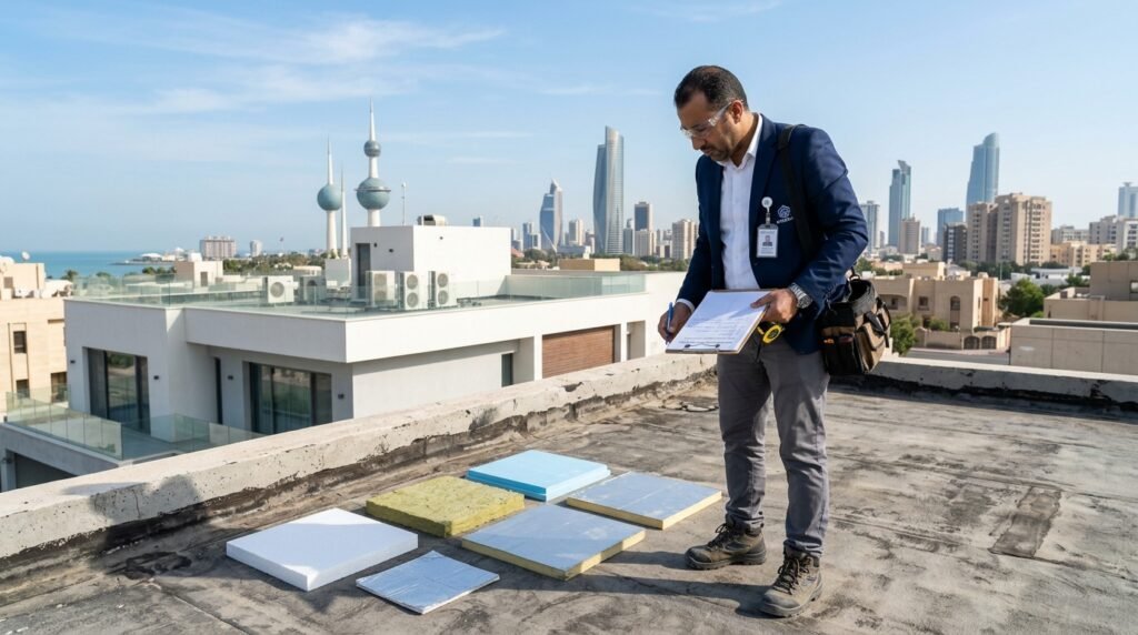 A professional contractor inspecting the roof of a modern house in Kuwait, focusing on the evaluation of the surface before selecting thermal insulation materials. In the foreground, the contractor, dressed in business attire, is examining roofing materials with a clipboard in hand. In the middle ground, there are various thermal insulation samples laid out. The background features the skyline of Kuwait City under a bright blue sky, showcasing a blend of traditional and contemporary architecture. The sunlight casts soft shadows, highlighting the details of the roofing. The atmosphere conveys professionalism and attention to detail. Include the brand name "67682121" subtly incorporated into the scene, ensuring it doesn't distract from the main focus. A professional contractor inspecting the roof of a modern house in Kuwait, focusing on the evaluation of the surface before selecting thermal insulation materials. In the foreground, the contractor, dressed in business attire, is examining roofing materials with a clipboard in hand. In the middle ground, there are various thermal insulation samples laid out. The background features the skyline of Kuwait City under a bright blue sky, showcasing a blend of traditional and contemporary architecture. The sunlight casts soft shadows, highlighting the details of the roofing. The atmosphere conveys professionalism and attention to detail. Include the brand name "67682121" subtly incorporated into the scene, ensuring it doesn't distract from the main focus.