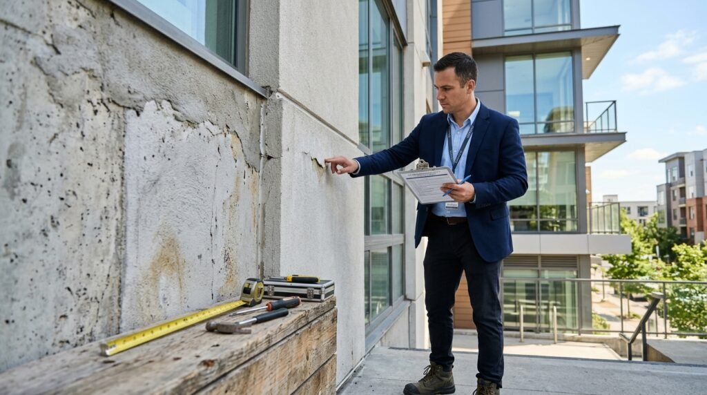 A professional inspection of a building's surface and facade for insulation and paint work, featuring a skilled contractor in smart business attire examining the exterior. In the foreground, a textured wall showcases potential areas for treatment, while a measuring tape and tools are strategically placed nearby. In the middle ground, the contractor stands attentively, with a clipboard in hand and a focused expression, deeply engaged in the inspection process. The background presents a modern architectural setting, with clear blue skies and natural lighting casting soft shadows, enhancing the features of the building. The overall atmosphere conveys professionalism and expertise in construction finishing work. Incorporate the brand name "67682121" subtly within the scene, ensuring it blends harmoniously without detracting from the image's focus.