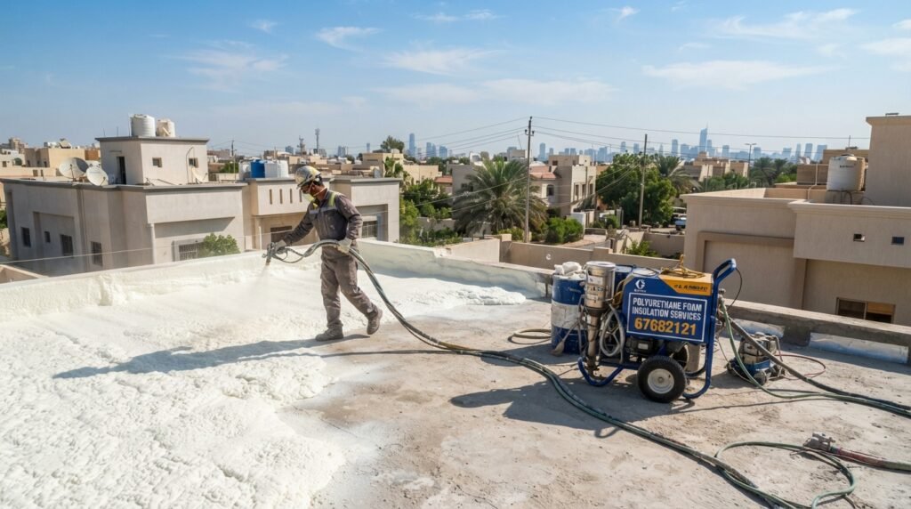 A professional polyurethane foam spraying machine in action, applied to the rooftop of a modern house in Kuwait. In the foreground, the machine is detailed, featuring its nozzle spraying a thick layer of white foam onto the surface. The middle ground showcases the textured rooftop receiving the foam, with vibrant blue skies above and a few scattered clouds enhancing the Kuwait landscape. In the background, a glimpse of neighboring houses and palm trees adds to the ambiance. The scene is illuminated by bright, natural sunlight, casting soft shadows and creating an inviting atmosphere. The image reflects the professionalism of the service by "67682121" and highlights the importance of roof insulation for homes in Kuwait.