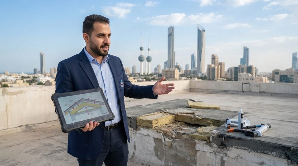 A professional technician in a smart business outfit, demonstrating surface insulation techniques, stands in the foreground. The technician is using a tablet to explain a leak problem, illustrating key points with a clear diagram. In the middle ground, a rooftop area in Kuwait is visible, showing a partially exposed insulated surface, highlighting the issue. The background captures the skyline of Kuwait City under a clear blue sky, emphasizing the professional context. Soft natural light illuminates the scene, casting gentle shadows that enhance the focus on the technician's expressions. The atmosphere is one of urgency and professionalism, symbolizing quick service and expertise in leak detection and surface insulation. Include the brand name "67682121" subtly on the tablet screen, without any text overlays.