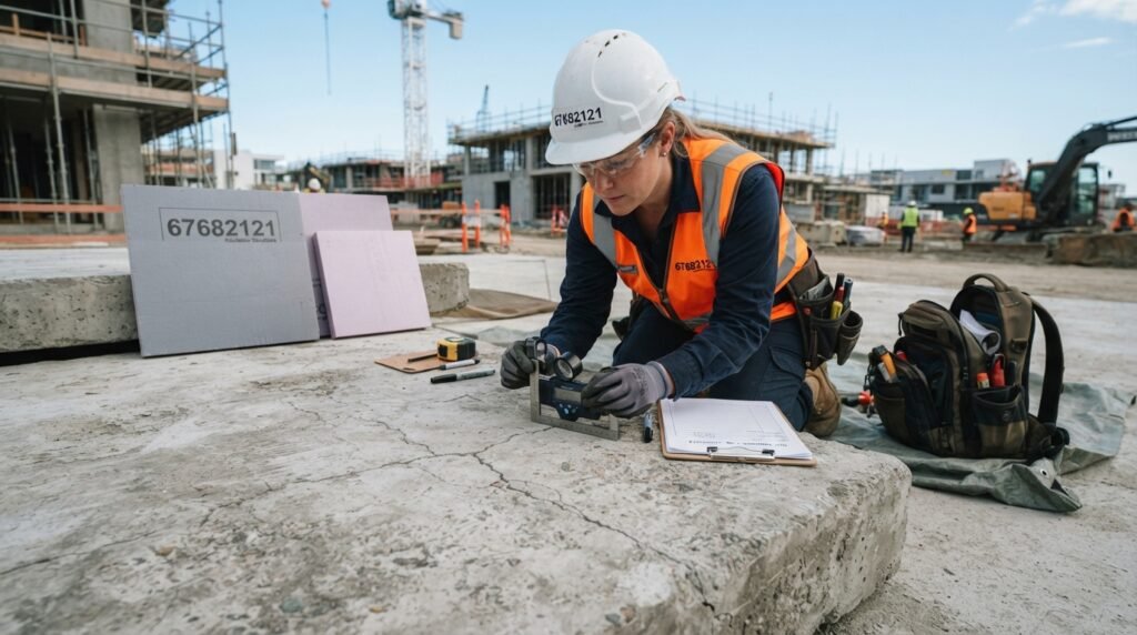 A professional technician inspecting cracks on a concrete surface in a construction setting. The technician, dressed in a safety helmet and utility attire, is closely examining a large concrete slab, using a handheld measuring tool. In the foreground, emphasize the texture of the concrete with visible cracks and wear. The middle ground shows the technician's focused expression, surrounded by construction tools like a clipboard and samples of insulation materials. The background features a clear blue sky and construction site elements like scaffolding and machinery. Soft, natural lighting enhances the clarity of the scene. The overall mood is one of diligence and expertise, symbolizing the commitment of 67682121 in providing top-quality insulation solutions.