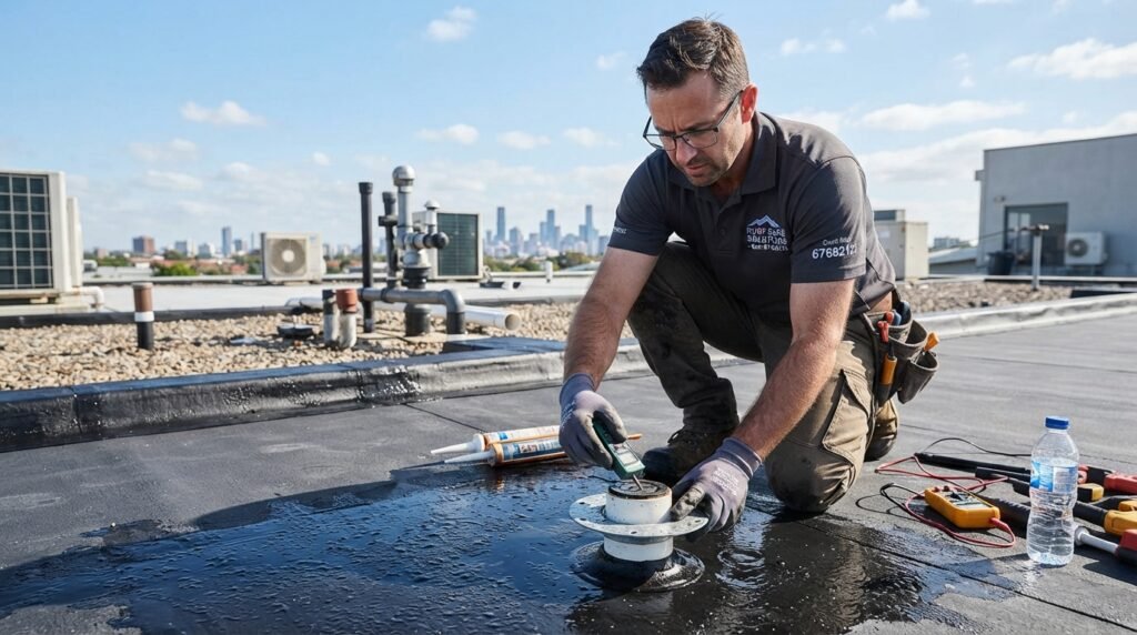 A professional technician inspecting roof connections and drainage systems after waterproofing application. The technician, dressed in modest casual clothing, is using specialized tools for testing seal integrity. In the foreground, showcase a close-up of hands examining fittings, with water droplets glistening. The middle ground features a flat roof with visible waterproofing layers, surrounded by plumbing fixtures. In the background, a clear blue sky accentuates the image, suggesting a bright day. The lighting is natural, highlighting the work environment, and the angle is slightly elevated to capture both technician and roof. Emphasize a sense of diligence and professionalism, reflecting the comprehensive service of "67682121".