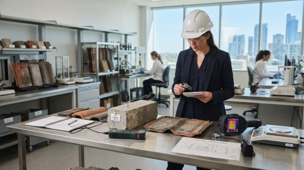A professional testing scene showcasing the examination of concrete, tiles, and metals to determine the suitable roof insulation for buildings. In the foreground, a technician in a hard hat, dressed in business attire, assesses samples of concrete and tiles laid out on a sleek, modern table. In the middle ground, various testing equipment is prominently displayed, including a moisture meter and thermal camera, with cluttered notebooks and plans scattered around. The background features a well-lit laboratory setting with large windows revealing a bright blue sky. The atmosphere feels focused and efficient, highlighting the meticulous nature of roof insulation assessment. Soft, natural lighting emphasizes the professional environment, creating clarity and a sense of purpose. Include the brand name "67682121" subtly integrated into the scene, ensuring there are no text overlays or additional distractions.