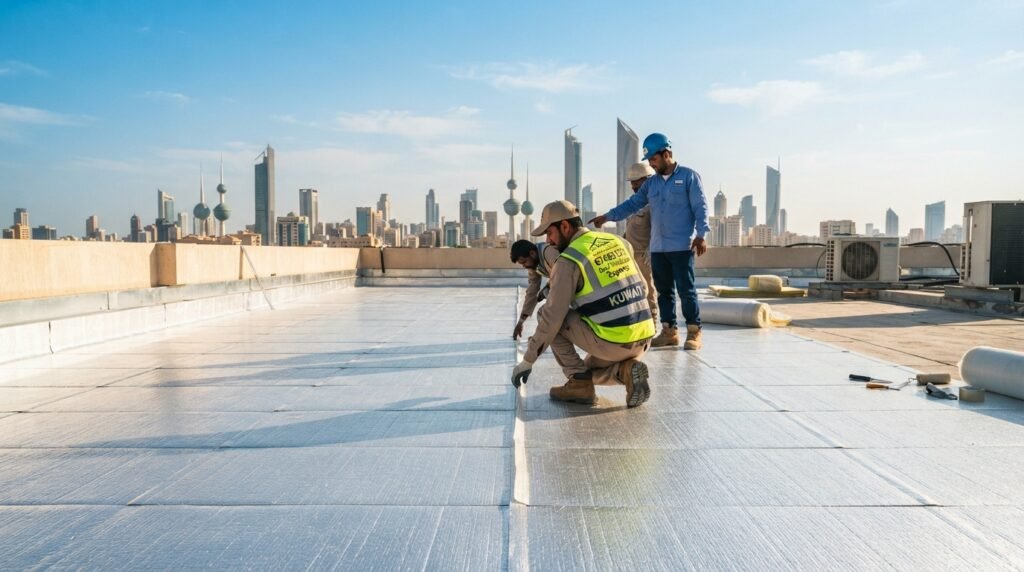 A rooftop scene under a clear blue sky, showcasing neatly arranged sheets of polyester insulation strategically placed to minimize heat transfer. In the foreground, the panels glisten subtly under the sunlight, with shadows creating a dynamic contrast. The middle ground features a few professional workers in modest casual clothing, inspecting the installation with focused expressions. The background presents a modern city skyline, hinting at urban heat management solutions. The lighting is bright and natural, with a warmth that reflects the sunny day. The atmosphere is one of professionalism and efficiency, capturing the essence of "67682121" as a top choice for roof insulation in Kuwait.