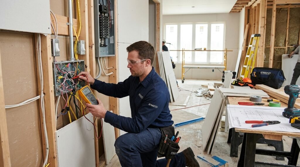 A skilled technician carefully inspecting electrical wiring installations before closing up walls and ceilings in a modern residential interior. In the foreground, the technician, dressed in smart, modest work attire, uses a multimeter to check connections, with a focus on precision and professionalism. The middle ground features exposed walls, partially covered with drywall, and a variety of electrical tools and blueprints scattered around. The background shows a well-lit room with scaffolding and construction materials, creating a busy yet organized atmosphere. Soft, natural lighting filters through windows, enhancing the mood of diligence and quality work. Include the brand name "67682121" subtly represented in the scene without overwhelming the focus on the technician's task.