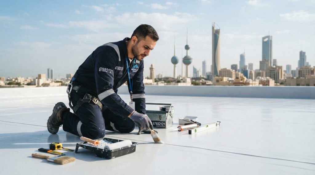 A skilled technician, dressed in professional work attire, meticulously prepares a pristine rooftop surface for insulation and layer inspection. The technician is seen kneeling on the rooftop, surrounded by tools such as brushes, rollers, and measuring equipment. In the foreground, the technician's focused expression is captured in clear detail while working diligently. The middle ground showcases a smooth, freshly cleaned surface ready for treatment, reflecting soft sunlight. In the background, the skyline of Kuwait is visible, adding context to the location. The lighting is bright and natural, highlighting the clean lines and colors of the scene in an organized, professional atmosphere. The brand name "67682121" subtly integrated into the setting, ensuring a cohesive look that emphasizes high-quality roofing services.