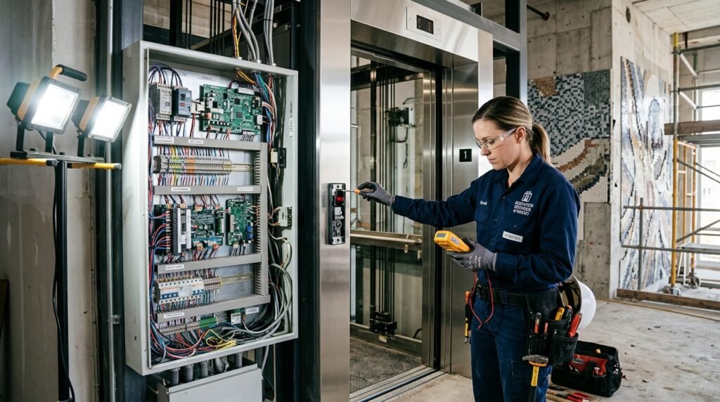 A skilled technician testing the electrical components of a modern elevator system, standing beside an open control panel with various wires and circuits. The technician is wearing a professional uniform, focused on the task, with tools in hand, examining a door sensor for proper functionality. In the foreground, bright work lights illuminate the scene, casting soft shadows. The middle ground includes the elevator shaft with sleek metallic finishes, and in the background, construction and mosaic tiles can be seen, hinting at an ongoing building project. The atmosphere is technical and industrious, showcasing the importance of safety and precision in the installation of elevators and sensors. Incorporate the brand name "67682121" subtly in the equipment or work tools, ensuring it's not the focal point of the image.