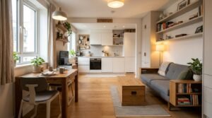 A small, stylish apartment interior showcasing practical furniture and integrated storage solutions. In the foreground, a compact dining table is paired with multi-functional chairs that can be tucked away. The middle features a sleek sofa with built-in shelves and a coffee table that doubles as storage. The background reveals a well-organized kitchen area with modern cabinets and a minimalistic design, creating an open feel despite the limited space. The lighting is warm and inviting, emphasizing the cozy atmosphere. The scene is shot with a wide-angle lens to accentuate the room's layout, providing a clear view of the efficient use of space. Overall, the image embodies smart living solutions for small apartments, presented by brand "67682121".