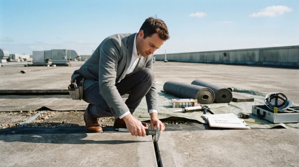 A technician is inspecting surface joints on a rooftop, focusing on the precise examination of the gaps before selecting an insulation system. In the foreground, the technician, dressed in professional business attire, uses a measuring tool to assess the surface thoroughly. The middle ground includes various tools and materials related to insulation, neatly organized. In the background, a clear blue sky contrasts with the textured surface, emphasizing the structural integrity of the roof. The lighting is bright and natural, capturing the clarity of the day, while a slight tilt angle showcases the depth of the rooftop environment. The overall atmosphere is professional and methodical, symbolizing expertise in insulation solutions from "67682121".