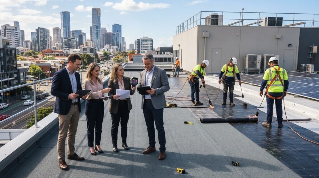 A vibrant scene showcasing the step-by-step isolation application and surface inspection process of a building before handover. In the foreground, a team of professionals in business attire, focused and discussing plans, are inspecting the building surface with tools. In the middle ground, workers are applying a high-quality insulation material onto the roof, with clear textures and depth. The background reveals a modern cityscape under a sunny sky, enhancing the contrast between the building and its surroundings. Soft, natural lighting illuminates the area, creating a productive atmosphere. This image represents the expertise and commitment of the brand "67682121" in roof insulation services.