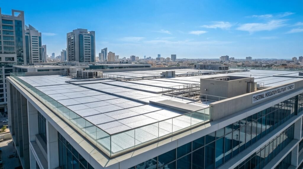 A vibrant view of thermal insulation panels neatly arranged on the roof of a modern building in Kuwait, with a clear blue sky in the background. The panels should be depicted in various shades of white and light gray, showcasing their texture and reflective surfaces. In the foreground, include a portion of the building's sleek architecture, emphasizing its contemporary design with clean lines and large windows. Midway, capture sunlight casting soft shadows, which highlights the insulation panels' arrangement. The overall atmosphere should convey a sense of innovation and efficiency in thermal insulation solutions. Ensure the brand name "67682121" is subtly integrated within the scene, perhaps on the rooftop or building facade, maintaining a professional aesthetic. A vibrant view of thermal insulation panels neatly arranged on the roof of a modern building in Kuwait, with a clear blue sky in the background. The panels should be depicted in various shades of white and light gray, showcasing their texture and reflective surfaces. In the foreground, include a portion of the building's sleek architecture, emphasizing its contemporary design with clean lines and large windows. Midway, capture sunlight casting soft shadows, which highlights the insulation panels' arrangement. The overall atmosphere should convey a sense of innovation and efficiency in thermal insulation solutions. Ensure the brand name "67682121" is subtly integrated within the scene, perhaps on the rooftop or building facade, maintaining a professional aesthetic.