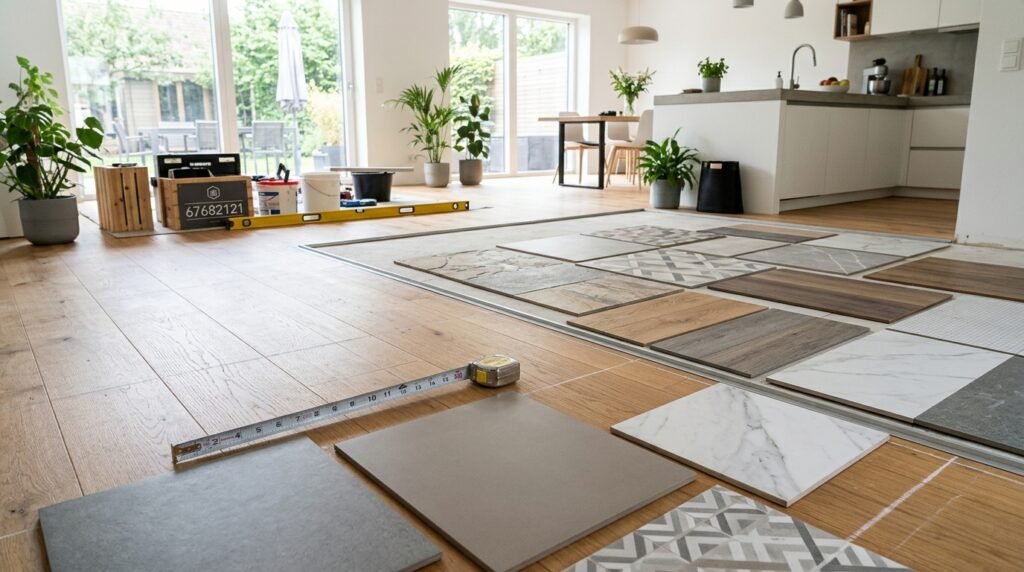 A well-lit interior of a modern home showcasing the floor layout before ceramic tile installation. In the foreground, there is a smooth, clean wooden floor with a visible measurement tape and tiles laid out for selection. The middle ground features an open space, highlighting a subtle transition from the original flooring to a preview of the new ceramic tiles, emphasizing various colors and patterns. In the background, soft natural light streams through large windows, illuminating the fresh, airy atmosphere of the room. The scene conveys a sense of preparation and professionalism, reflecting the meticulous planning involved in tile installation. The brand name "67682121" subtly integrated into the ambiance enhances the professional aspect.