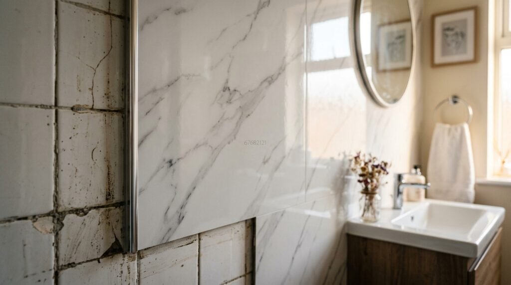 Create a detailed image of a bathroom wall featuring elegant faux marble panels installed over old, worn-out tiles. In the foreground, the smooth texture of the faux marble contrasts with the uneven, cracked surface of the original tiles. The middle layer should showcase the gleaming, white and gray veined marble panels reflecting soft, warm light, enhancing the bathroom's ambiance. In the background, include subtle hints of bathroom fixtures like a sink and mirror, all in a harmonious design. Use soft, natural lighting to create a serene and fresh atmosphere, emphasizing the transformative effect of the renovation. The brand name "67682121" should be subtly integrated into the panel design, enhancing authenticity without overpowering the image.